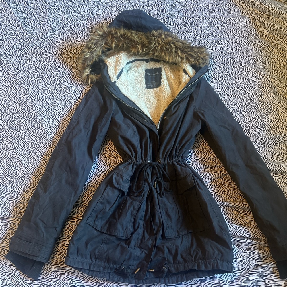 Aeropostale Dark Gray Hooded Utility Jacket with Faux Fur